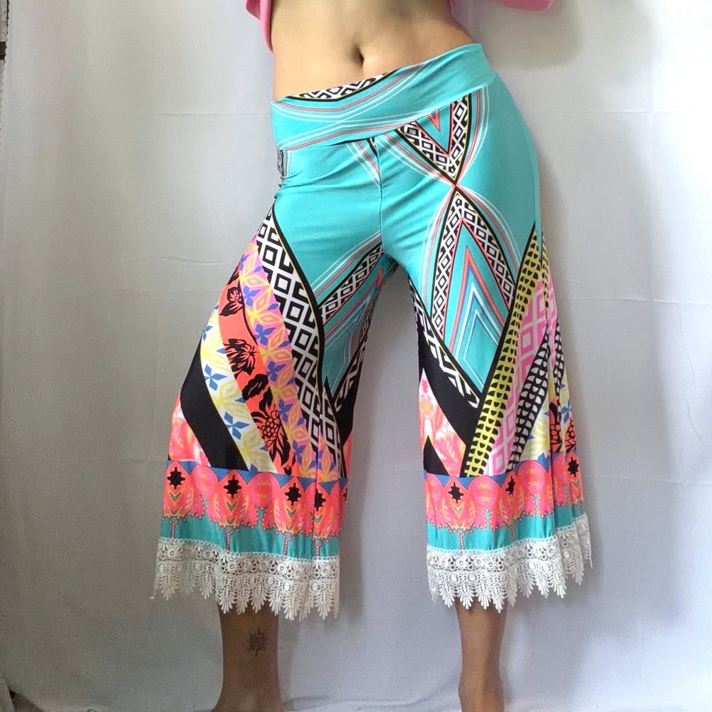 Y2K Boho Gaucho Turquoise Geometric Lace Trim Gaucho Pants M